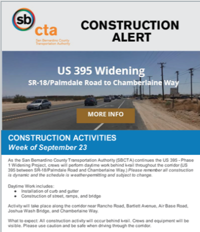 US-395 Construction Alert Week of September 23