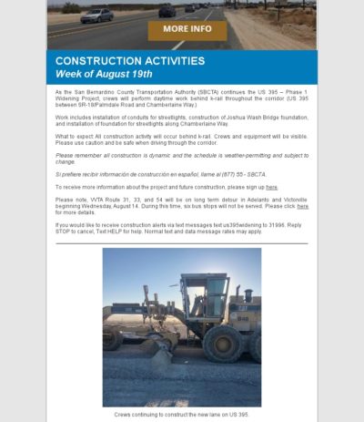 US-395 Construction Alert Week of August 19th