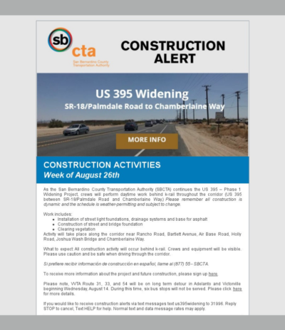 US-395 Construction Alert Week of August 26th