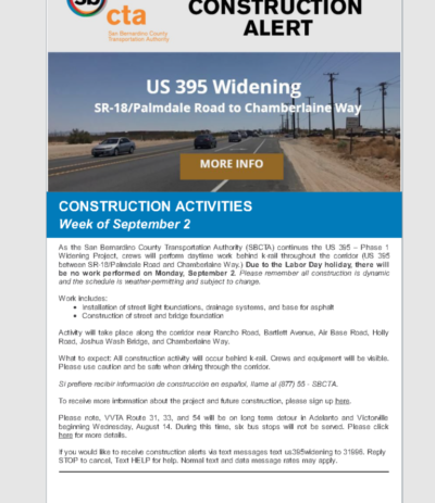 US-395 Construction Alert Week of September 2nd