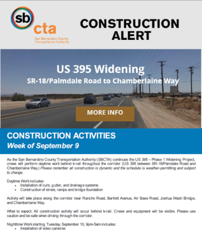 US-395 Construction Alert Week of September 9th