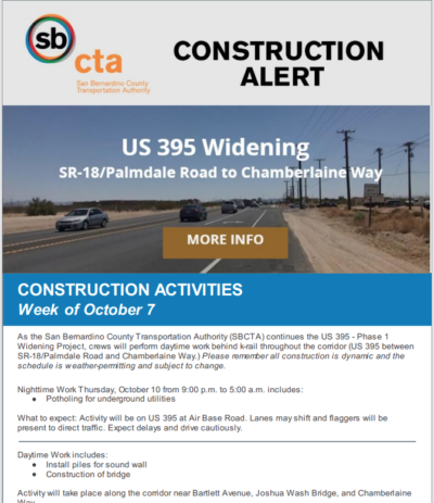 US 395 Widening Phase 1 Construction Alert. See the details in the text alongside